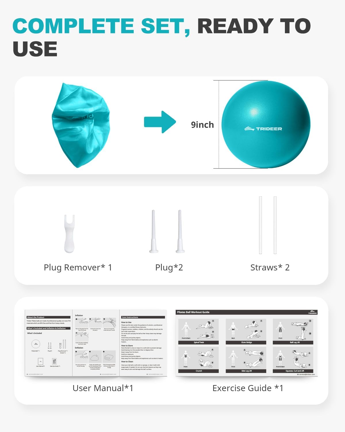 Trideer 9" Pilates Ball - Yoga, Core Training, Therapy w/ Inflation Straw. Enhances Balance, Stability, Flexibility. Ideal for Exercise & Stretching.