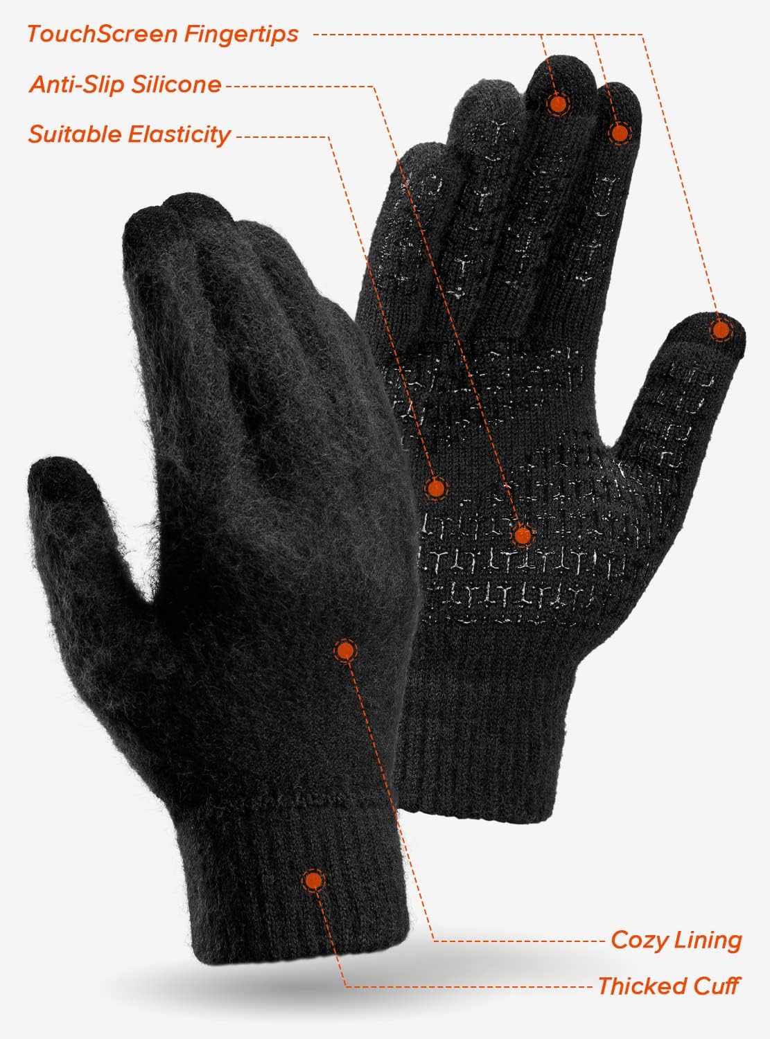 TRENDOUX Merino Wool Touchscreen Gloves: Unisex, Cold-Weather, Non-Slip, Elastic Cuff - for Men & Women