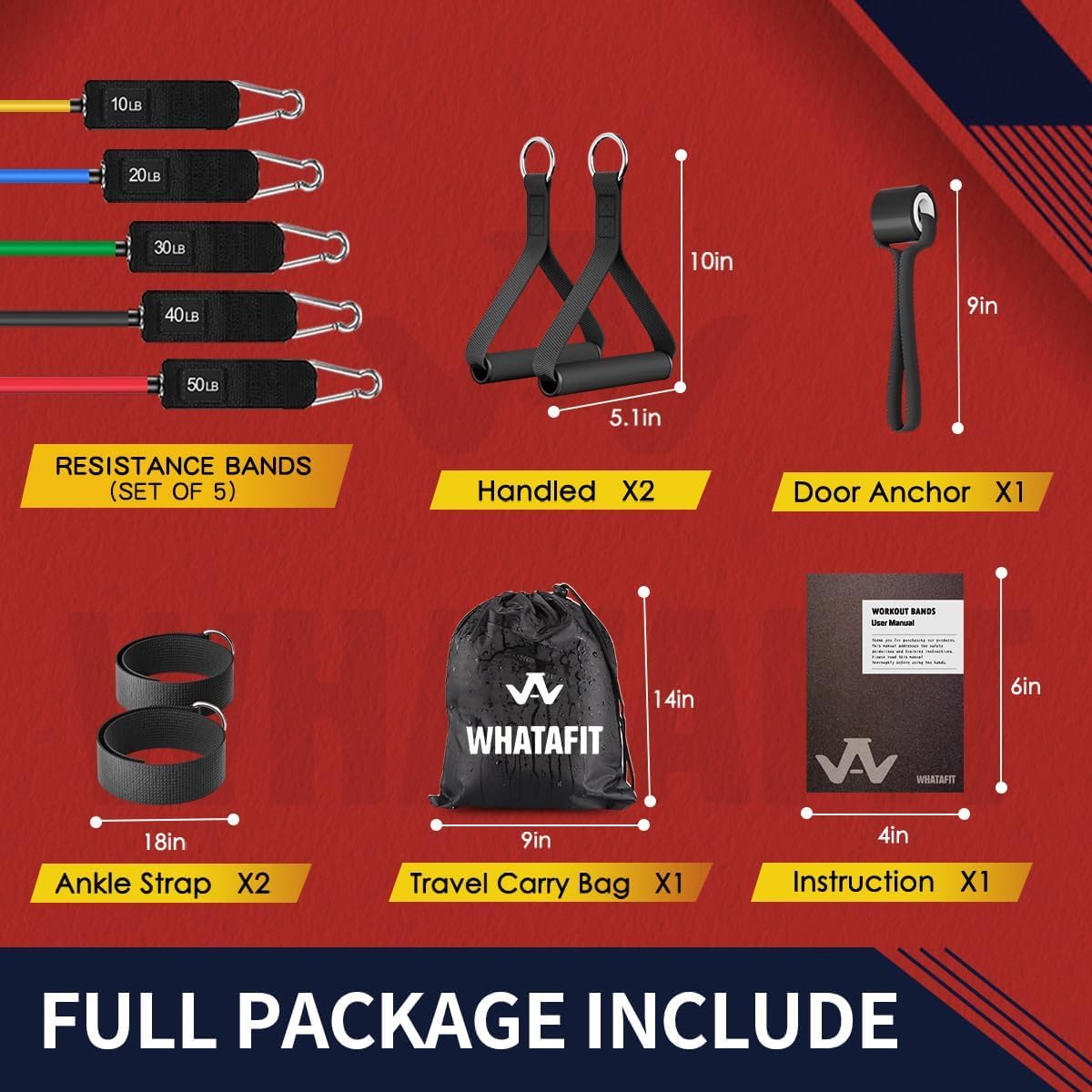 WHATAFIT Resistance Bands - Workout Exercise Bands with Handles for Men & Women's Fitness, Strength Training Home Gym Equipment.