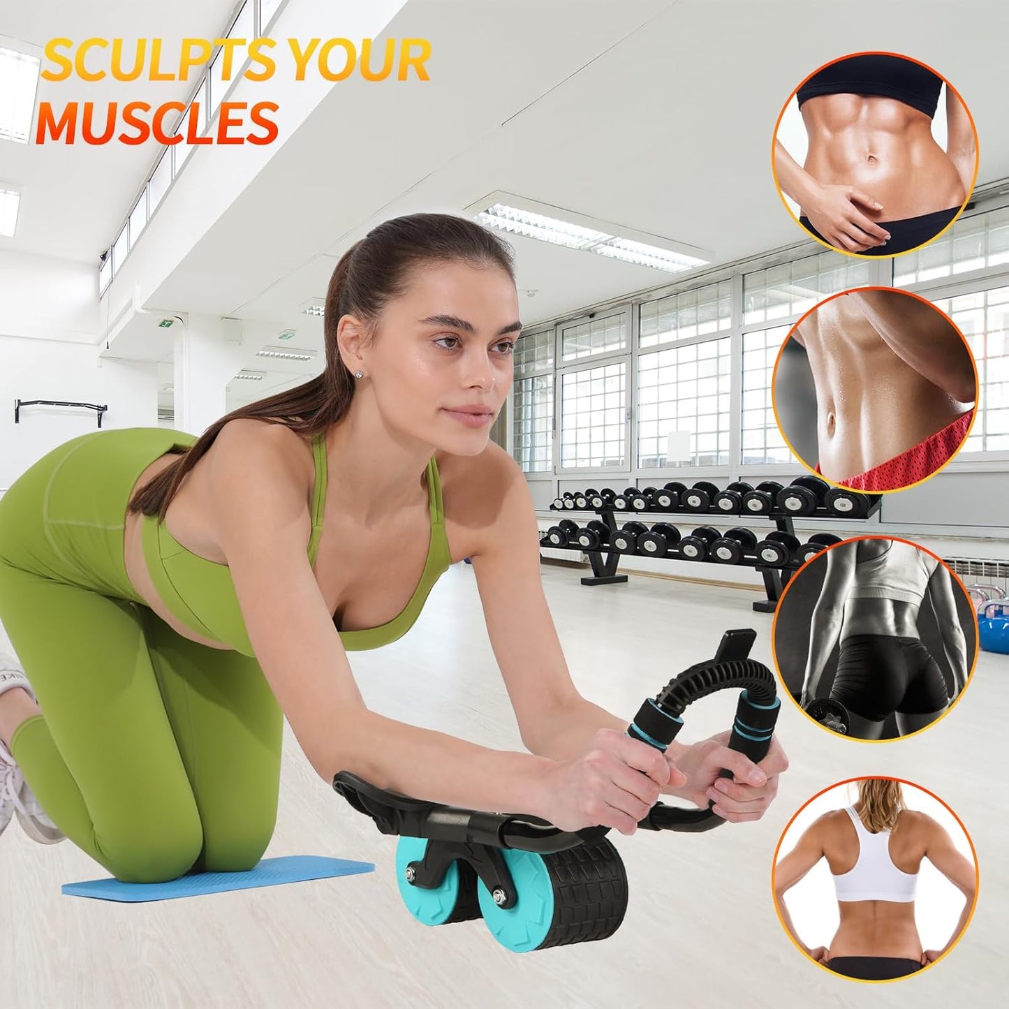 Ab Roller Wheel by Tixahi: Auto-Rebound w/ Timer & Knee Mat. Improve Core Strength - Home Gym Exercise for Men & Women.