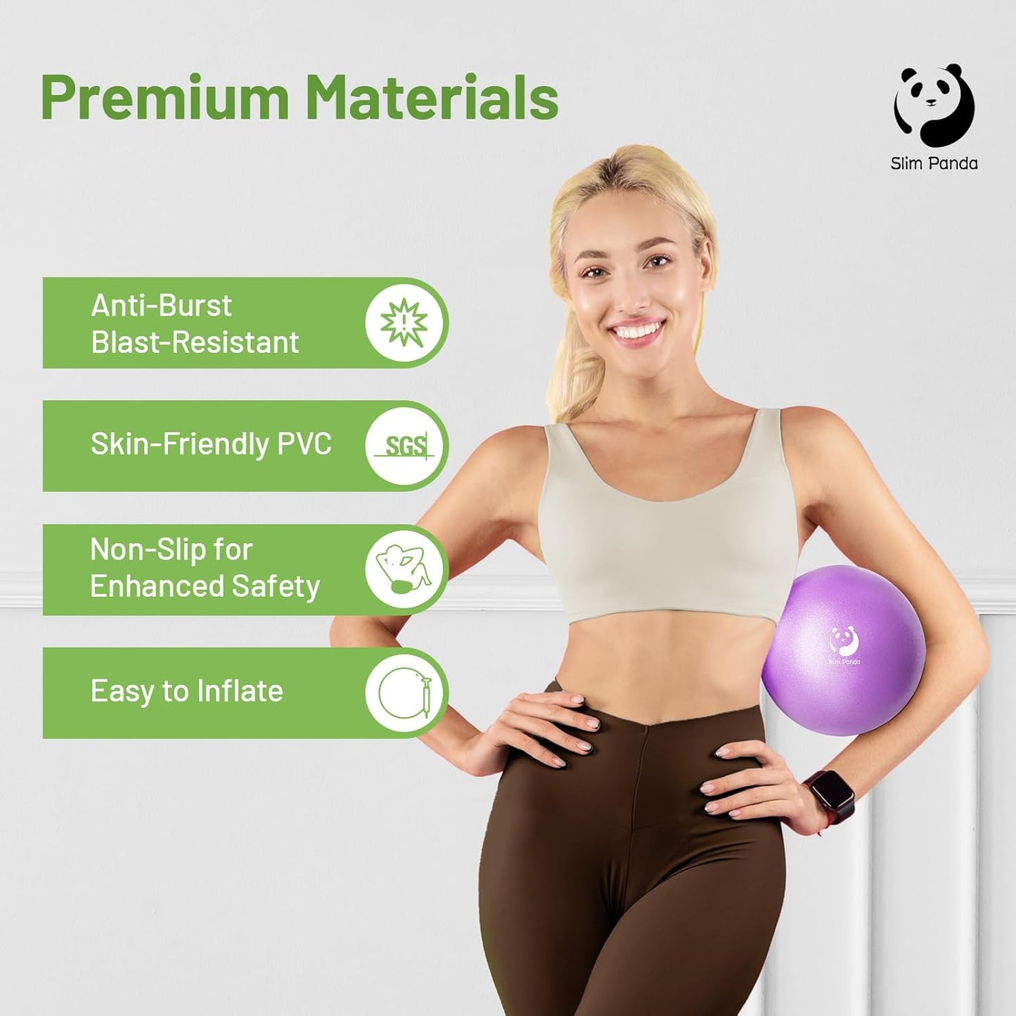 9" Slim Panda Pilates Ball - Anti-Burst Mini Yoga Ball for Stability, Workouts, Barre, Core Strength, Therapy, & Balance.