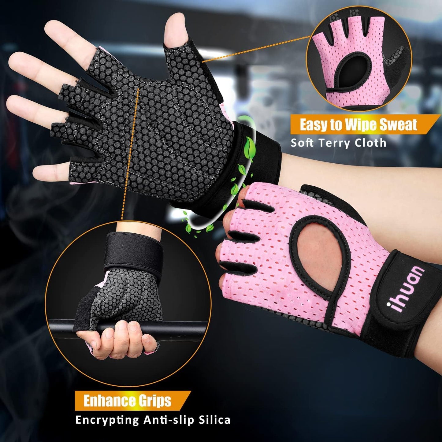 iHuan Breathable Gym Gloves: Fingerless Wrist Support, Enhanced Palm Protection, Extra Grip for Weightlifting, Rowing, Pull-ups