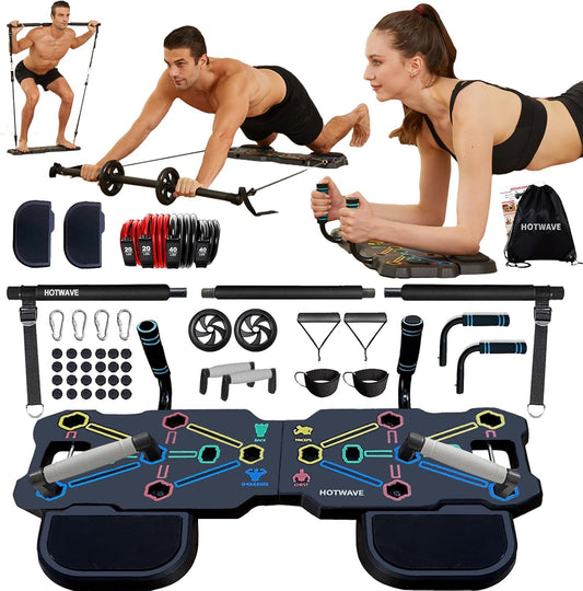 HOTWAVE Portable Workout Equipment with 20 Gym Accessories.Push Up Board &Plank,Resistance Band with Ab Roller Wheel,Exercise  Home For Men and Women