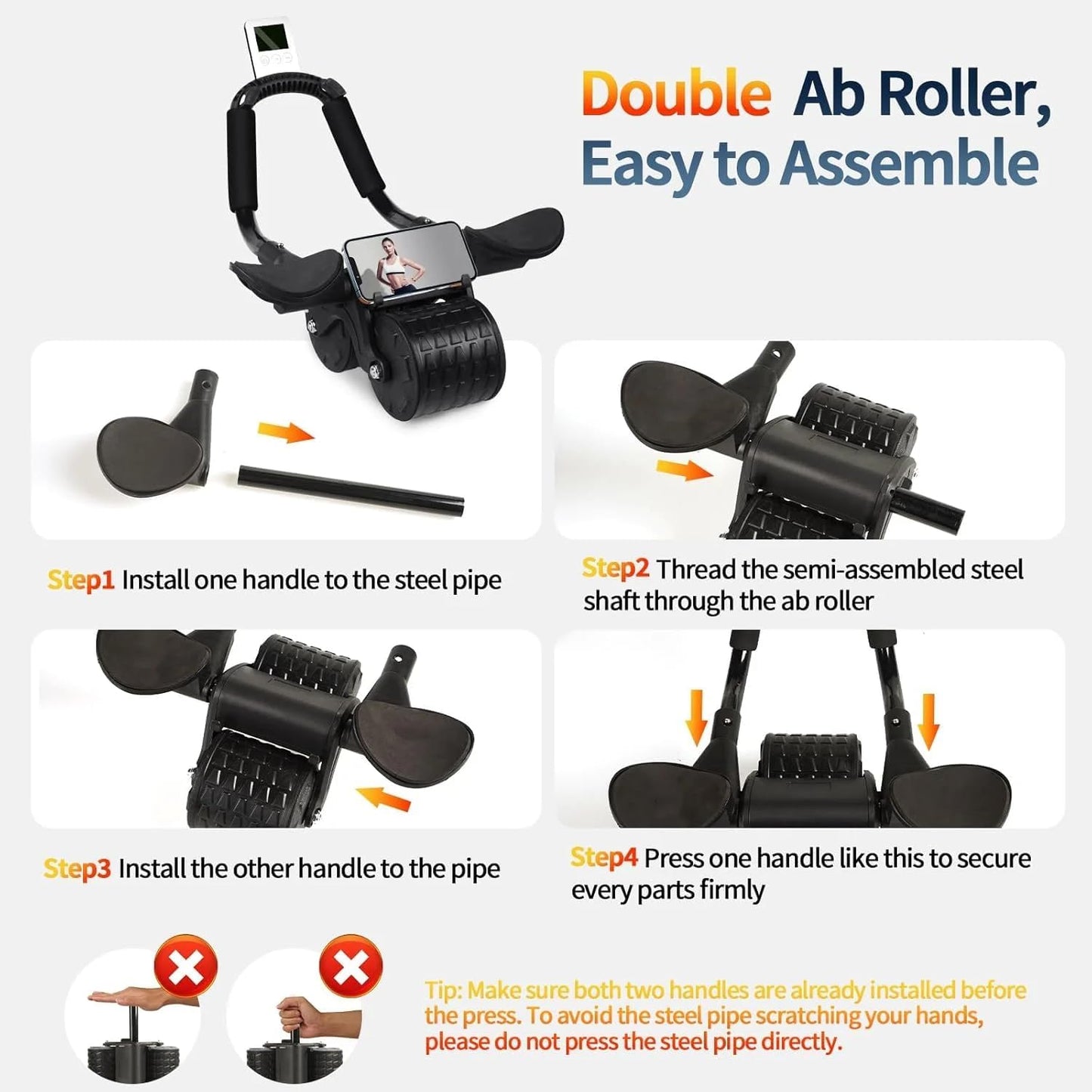 Ab Roller Wheel by Tixahi: Auto-Rebound w/ Timer & Knee Mat. Improve Core Strength - Home Gym Exercise for Men & Women.