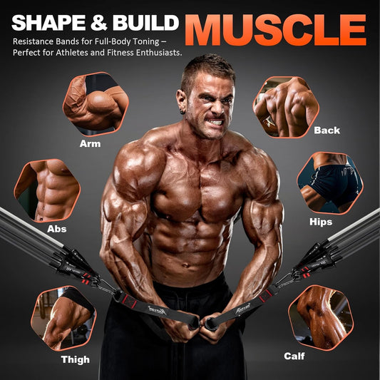 HPYGN Resistance Bands - Fitness Set with Handles, Door Anchor, Ankle Straps for Home Workouts, Physical Therapy, Yoga, Strength Training. Heavy Resistance.