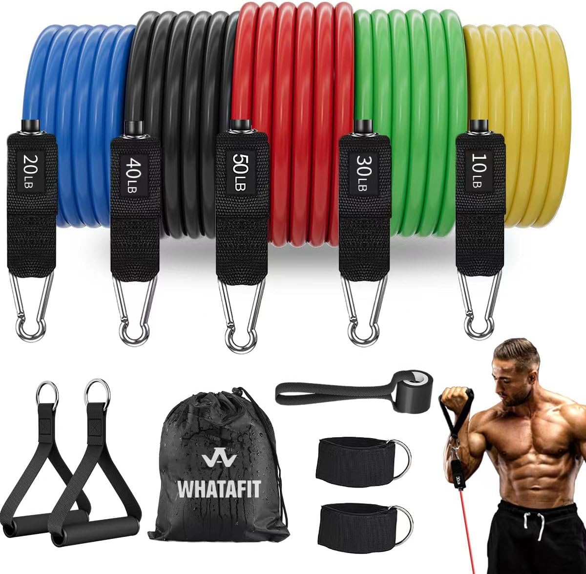 WHATAFIT Resistance Bands - Workout Exercise Bands with Handles for Men & Women's Fitness, Strength Training Home Gym Equipment.
