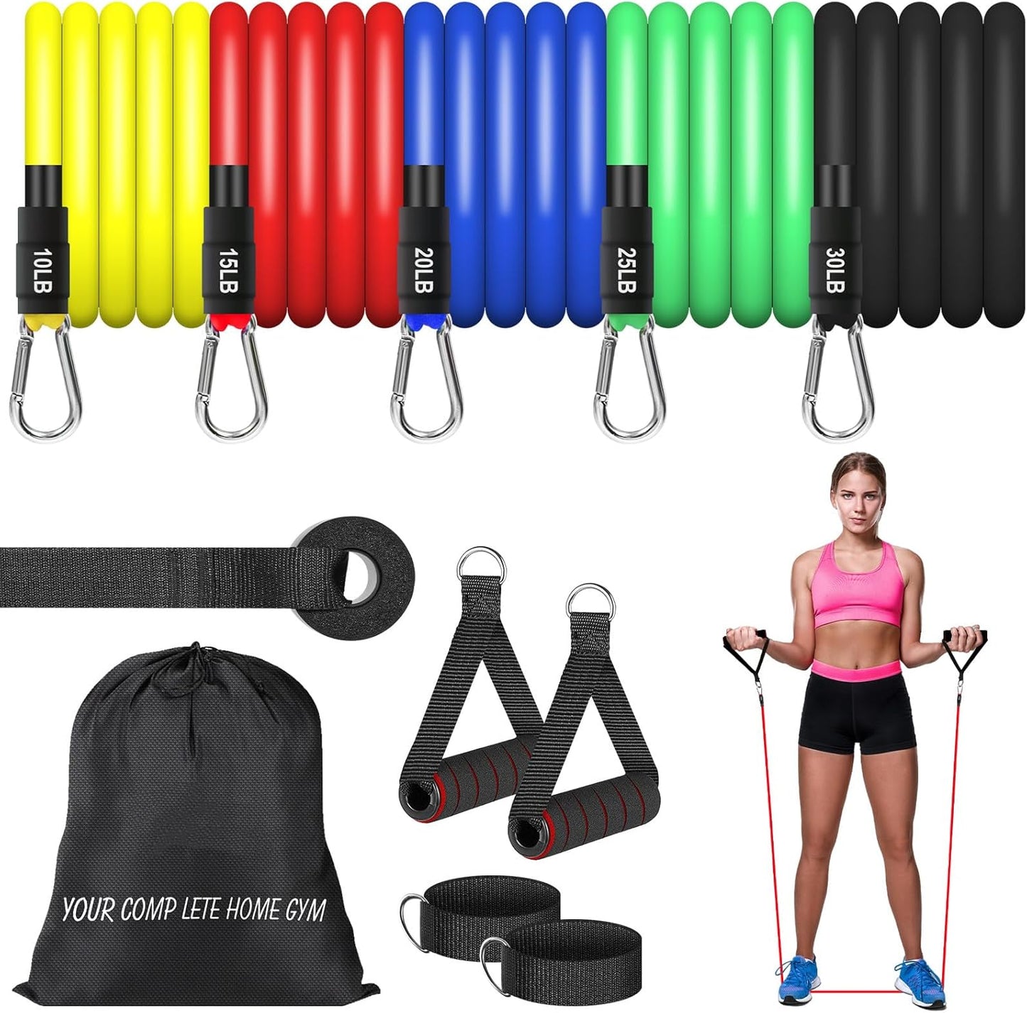 Resistance Band Set: Handles, Door Anchor, Ankle Straps, Carry Bag - Ideal for Shaping Body & Home Workouts