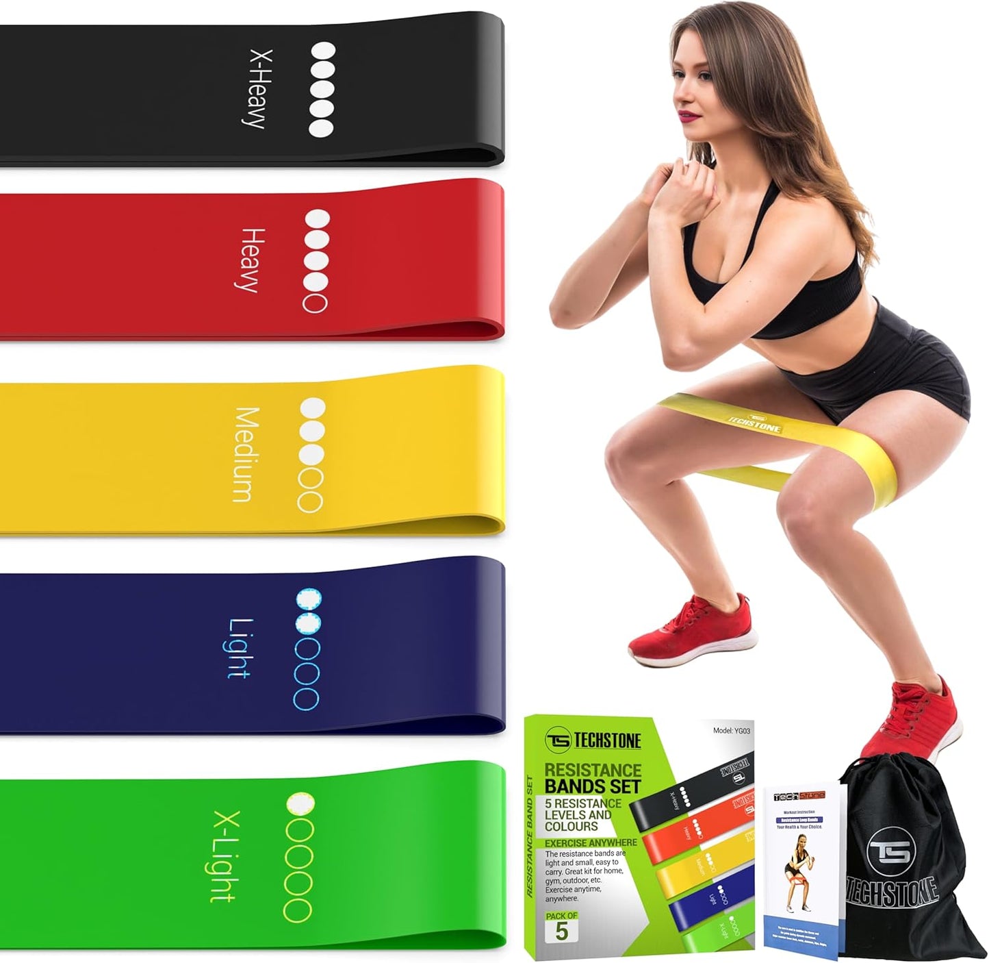 TechStone Resistance Band Set (5 Levels, Men/Women) - Ideal Home Gym Equipment for Workouts, Yoga. Includes Free Carry Bag.