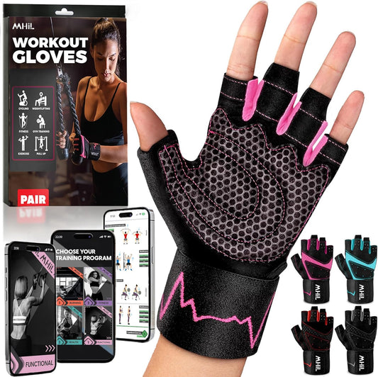 Women's MhIL Workout Gloves: Breathable Palm Protection & Grip Enhancement. Padded Weight Lifting Gloves with Wrist Wraps for Strength Training, Cycling.