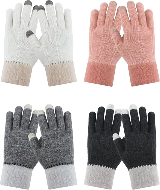 PKWOMEN'S 4-Pair Winter Gloves: Warm Fleece-Lined Knit w/ Touchscreen Capability for Women's Cold Weather Use.