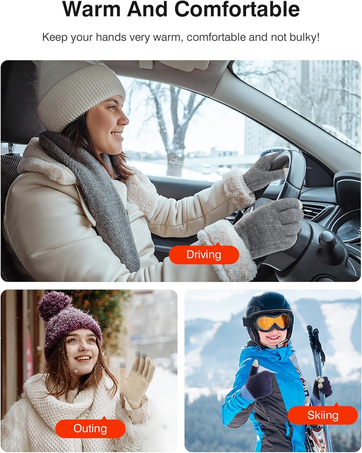 PKWOMEN'S 4-Pair Winter Gloves: Warm Fleece-Lined Knit w/ Touchscreen Capability for Women's Cold Weather Use.