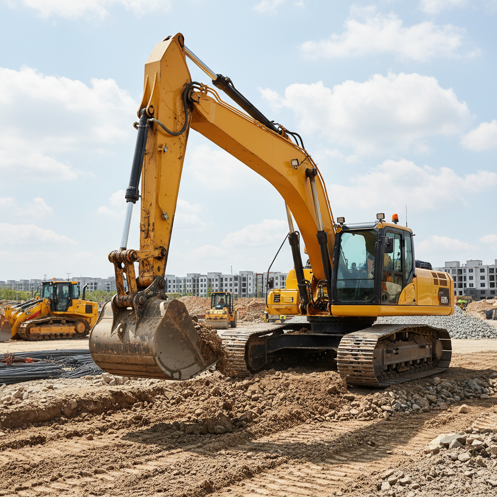 Excavator construction machine at work site