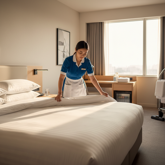 Professional maid in uniform making bed